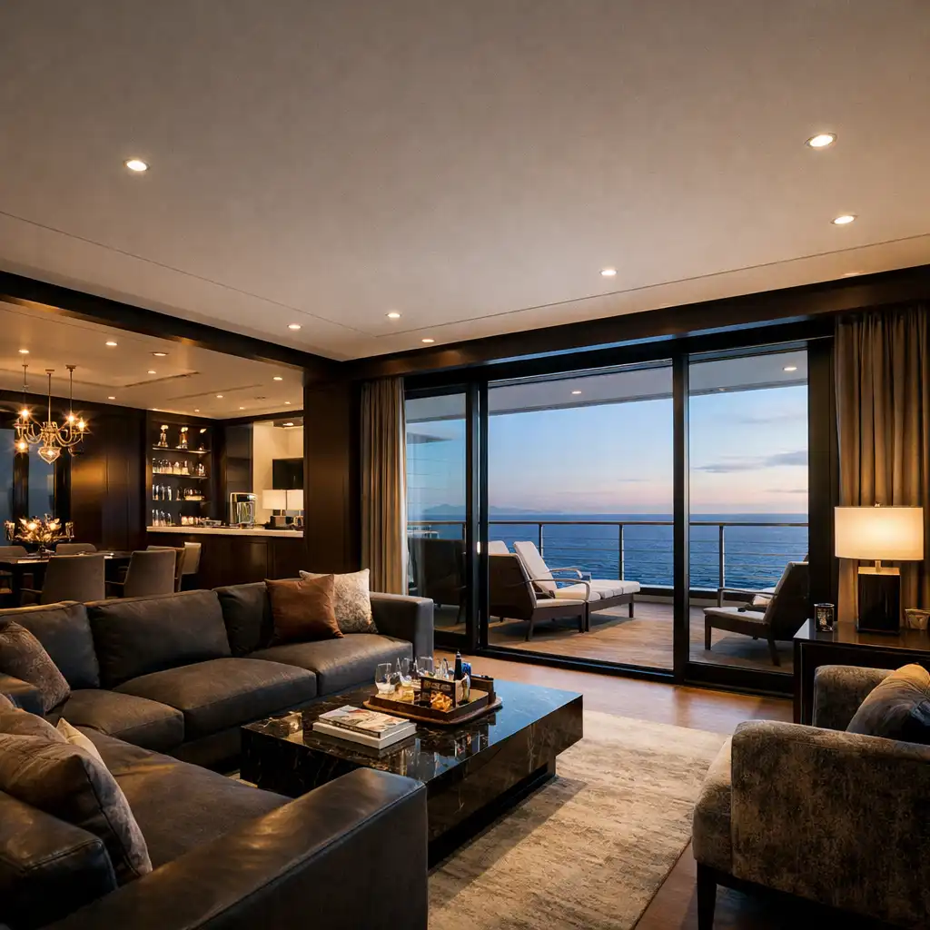 Przestronny apartament na statku wycieczkowym z salonem, jadalnią i panoramicznym widokiem na ocean
