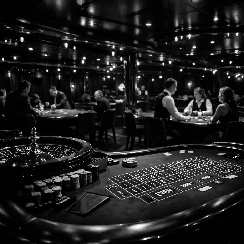 Eleganckie kasyno na statku wycieczkowym z stołami do ruletki i blackjacka, przyciemnione oświetlenie