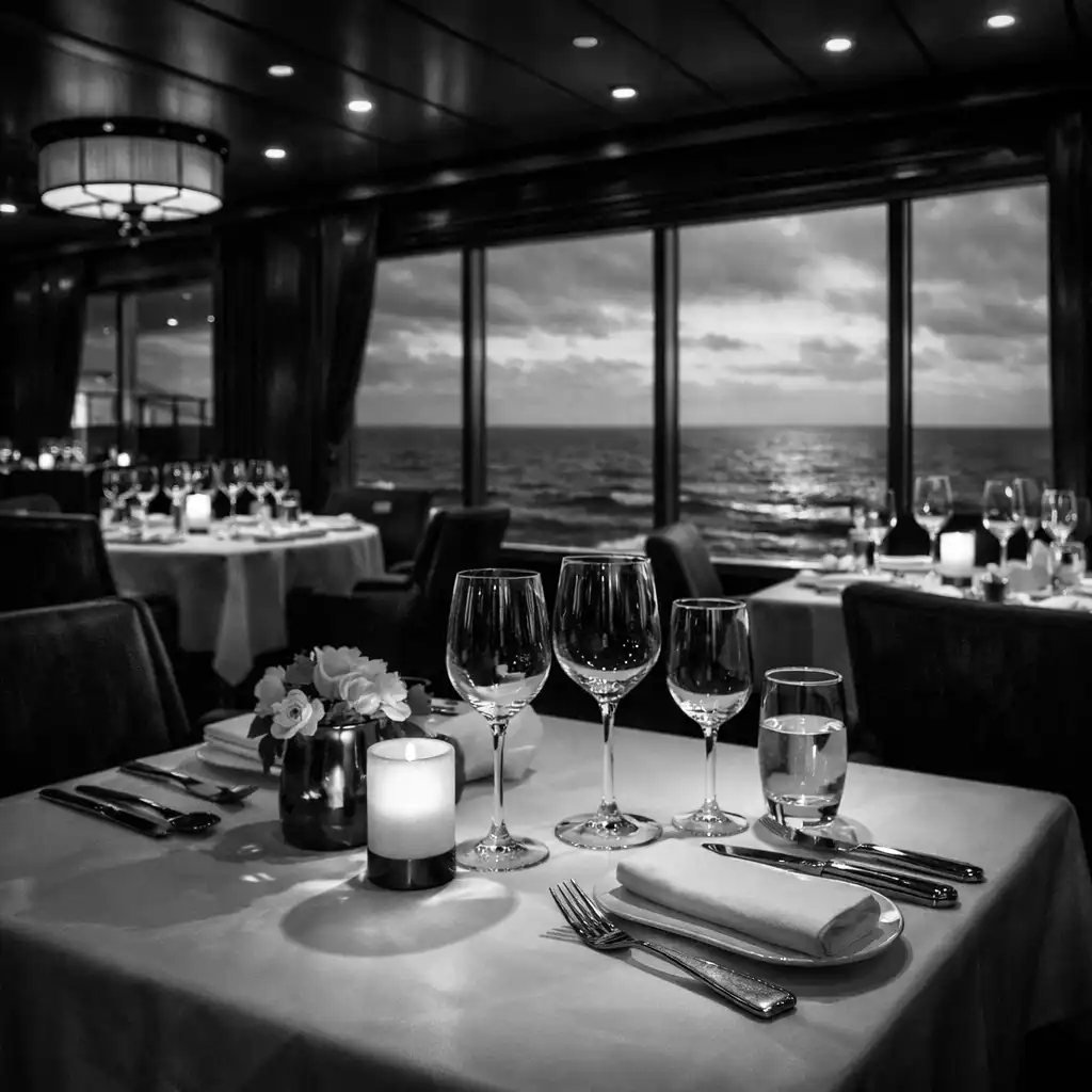 Elegancka restauracja na statku wycieczkowym z nakrytymi stołami i widokiem na morze