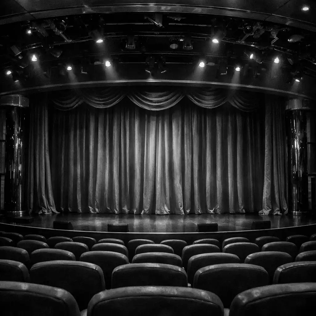Scena teatralna na statku wycieczkowym z reflektorami i rzędami foteli