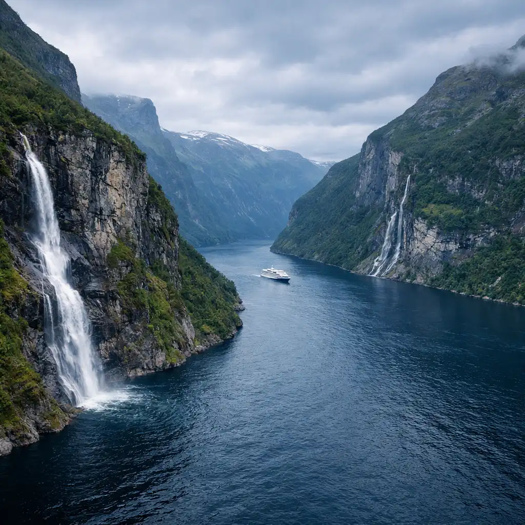Majestatyczny norweski fiord ze stromymi klifami i małym wodospadem