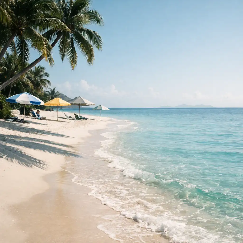 Tropikalna plaża z turkusową wodą i palmami, widok z niskiej perspektywy