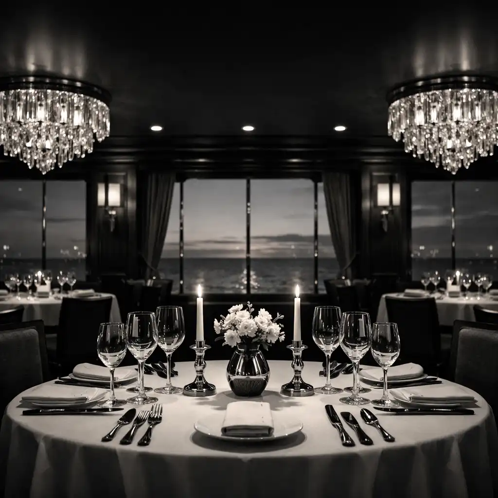 Elegancka restauracja na statku wycieczkowym z ciemnymi drewnianymi panelami, białymi obrusami i widokiem na morze o zmierzchu