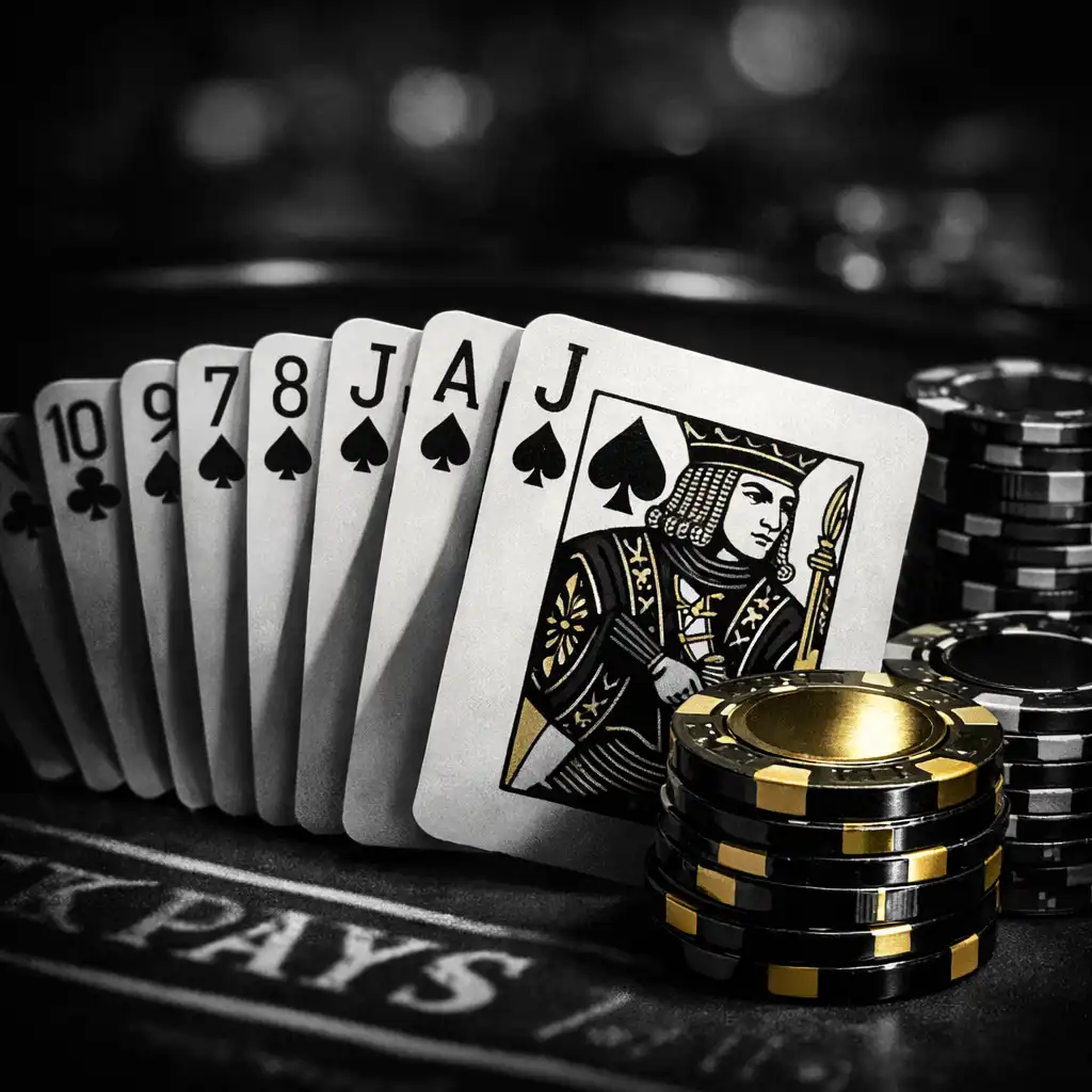 Karty do blackjacka rozłożone na stole z żetonami
